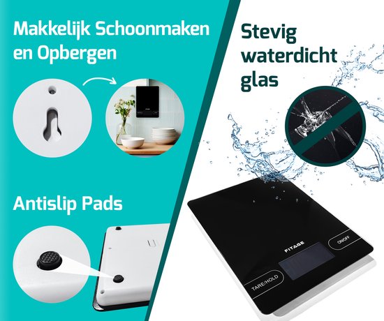 FITAGE Keukenweegschaal - Weegschaal Keuken - Groot en tot 15KG - Precisie Weegschaal - Digitaal