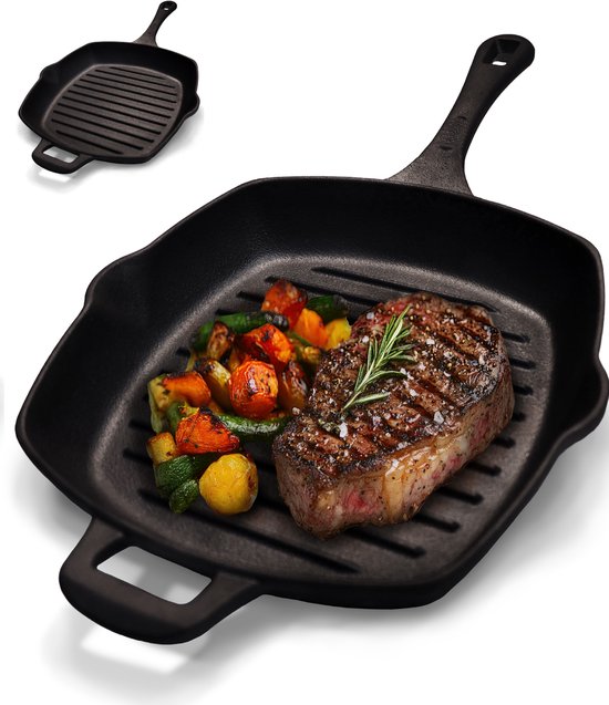Chefarone Grillpfanne aus Gusseisen – 25,5 cm – Für Induktion, Gas, Backofen und Grill – Quadratische Grillpfanne mit Rillen – Perfekte Grillstreifen und gleichmäßige Wärmeverteilung – Pfanne mit Griff
