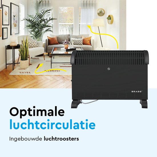 BRASQ Elektrische Konvektorheizung - Einstellbarer Thermostat - Elektrische Heizung - 750/1250/2000 Watt - Heizung - Schwarz