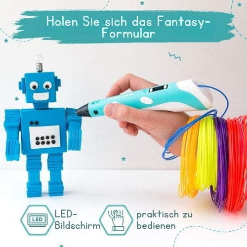 MM Brands - 3D Stift - Starter Pack - inkl. 100m Filament in 10 Farben - Extra langes Ladekabel - Geeignet für ABS & PLA Filament - Blau