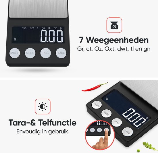 Kitchenwell digitale Mini-Präzisionsküchenwaage - 0,01 bis 500 Gramm - 14,2 x 7,5 cm - batteriebetriebene Taschenwaage - Küchenwaage
