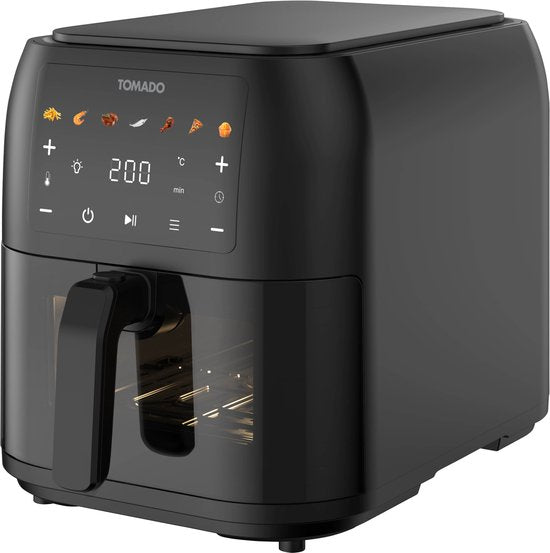 Tomado TAF8002B – Große Heißluftfritteuse – XXL-Heißluftfritteuse – 8 Liter – Heißluftfritteuse – Sichtfenster – Touch-Bedienung – 7 Automatikprogramme – Schwarz