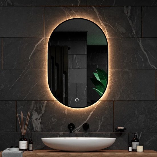 Mirlux Badezimmerspiegel Oval 90x60 cm - LED-Beleuchtung & Heizung - Anti-Beschlag-Duschspiegel - Schwarz