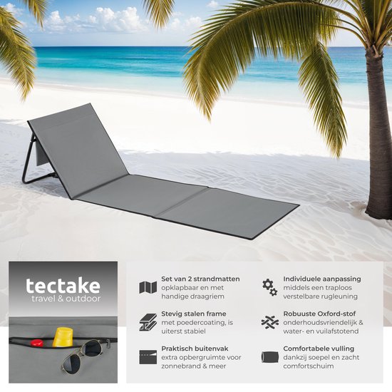 tectake Strandmatte - Set aus 2 faltbaren Liegematten mit verstellbarer Rückenlehne, Tragegurt und Staufach - Ideal für Strand, Camping oder Garten - Leicht und pflegeleicht - Grau
