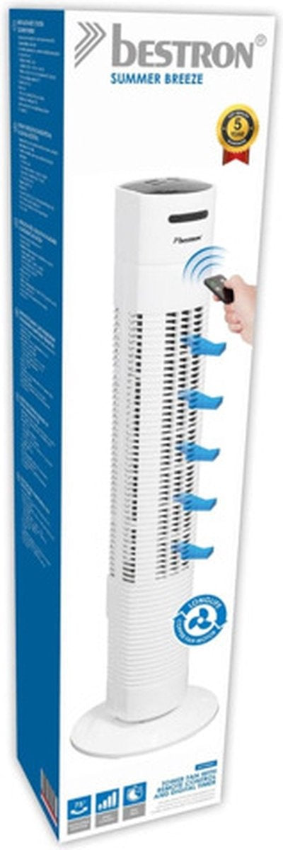 Bestron Turmventilator mit Fernbedienung, Ventilator mit 3 Geschwindigkeitsstufen & 75Â° Grad Drehfunktion, inkl. Timer, Höhe: 78 cm, 35W, AFT770WRC, Farbe: weiß