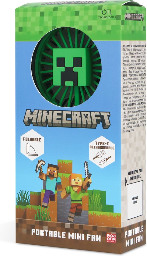 Minecraft – Ventilator – zusammenklappbar – zwei Geschwindigkeitsstufen – über USB-C aufladbar – 4 Stunden Betriebsdauer – leise