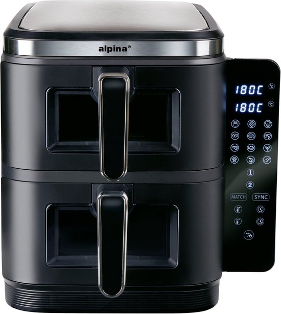 alpina Airfryer XXL - Doppel-Luftfritteuse 11L - Heißluftfritteuse 2 Körbe - Doppelt gestapelt für 8 Personen - Klappbares Display - Timerfunktion bis zu 60 Minuten - Temperatur 60-200°C - Schwarz