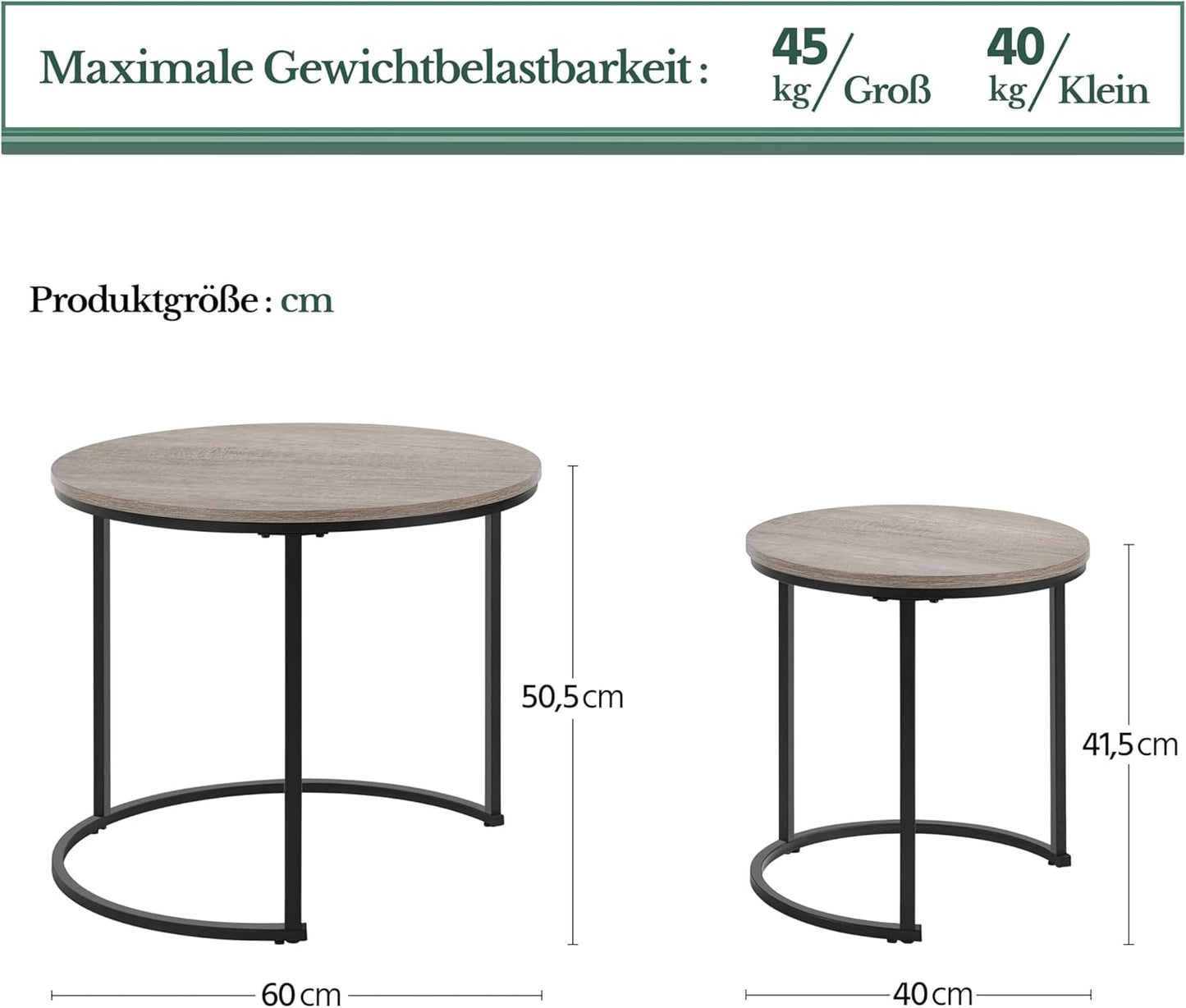 Yaheetech Couchtisch-Set, bestehend aus 2 runden Beistelltischen mit Metallgestell – Eiche-Farbton