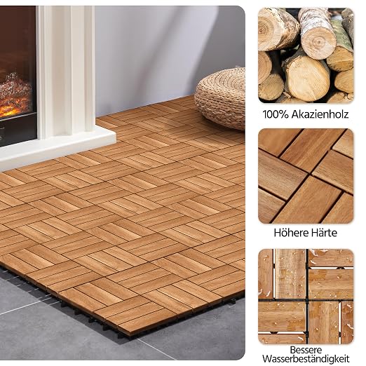 Yaheetech Terrassenplatten aus Akazienholz – FSC-zertifiziert – Klicksystem – Mit Entwässerung