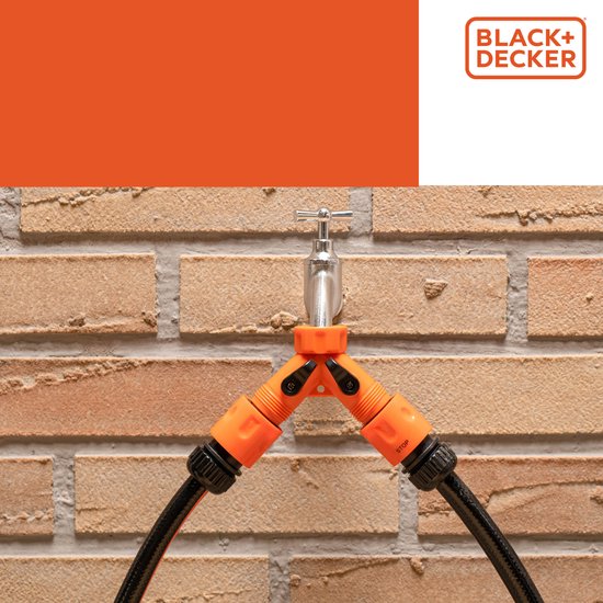 BLACK+DECKER Double Tap Fitting Gartenschlauch - Gartenschlauchkupplung - 3/4" Wasserhahnanschlüsse - Integrierter Wasserstopp - Regulierung des Wasserflusses - Kunststoff - Orange/Schwarz