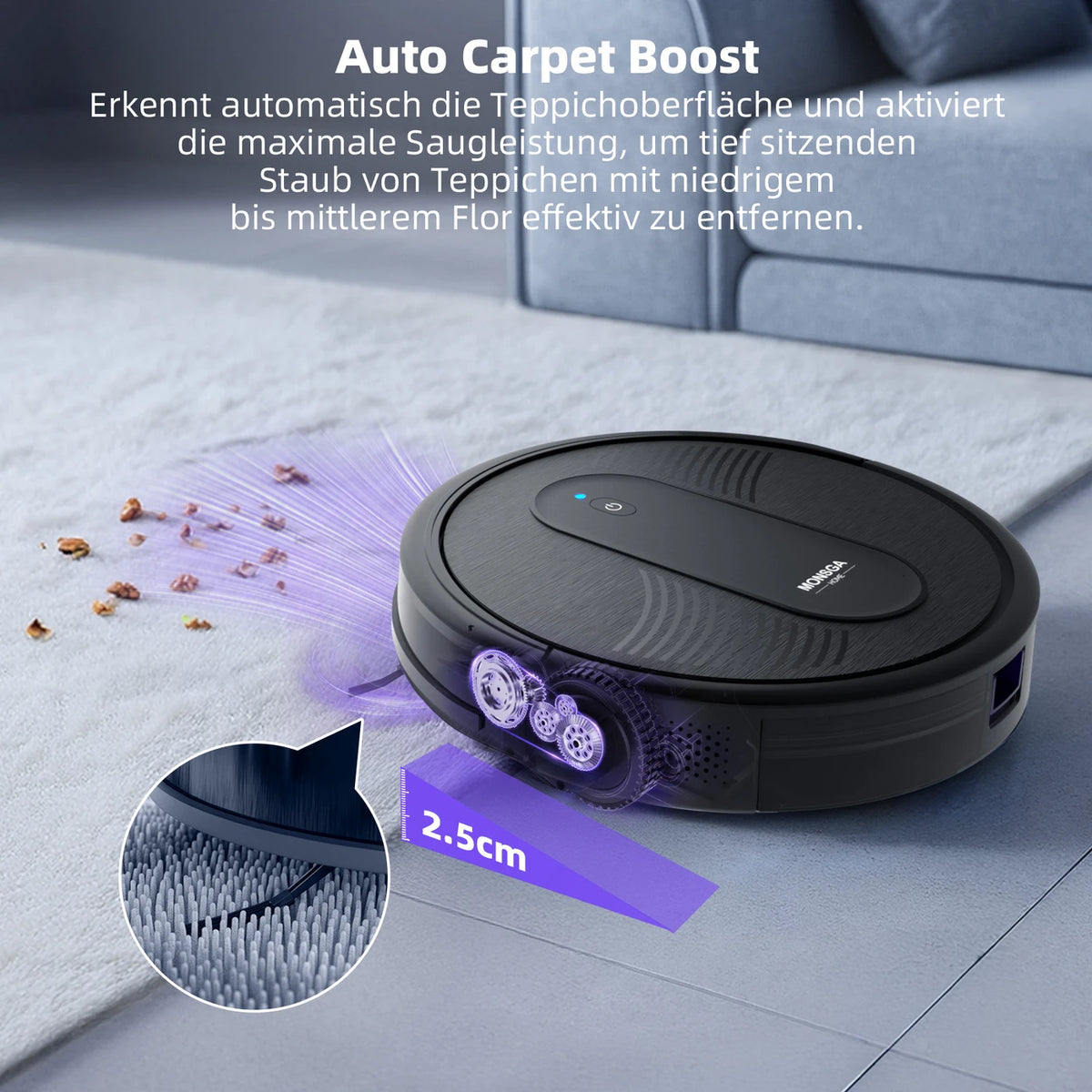 monsga „MONSGA MR1 Roboterstaubsauger, Roboterstaubsauger mit 3000 Pa starker Saugkraft, 3,2" superflach, 140 Min. Laufzeit, Staubsaugerroboter für Hartböden/kurzflorige Teppiche/Tierhaare, Fernbedienung/App/Sprachsteuerung, Reinigungsplanung