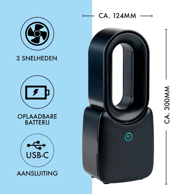 Lifetime Air Bladeless Fan - Leiser Ventilator mit drei Geschwindigkeiten - Kabelloser Tischventilator - Tischventilator mit LED-Stimmungslicht - USB-C wiederaufladbar - Kompaktes Design - 5W - Schwarz