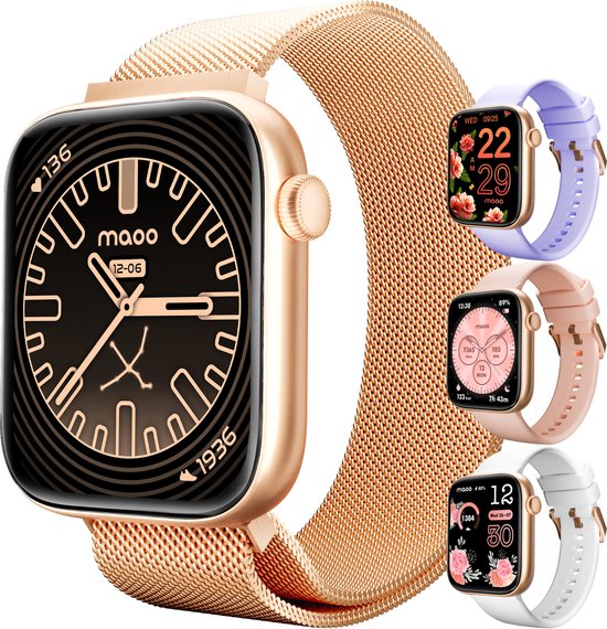 Maoo ProWatch AMOLED Smartwatch für Frauen und Männer - Milanese-Armband und 3 Silikonbänder - Schrittzähler - Herzfrequenzmesser - Blutdruckmesser - Schlafüberwachung - Multisport - Geeignet für Android und iOS - Pink Gold