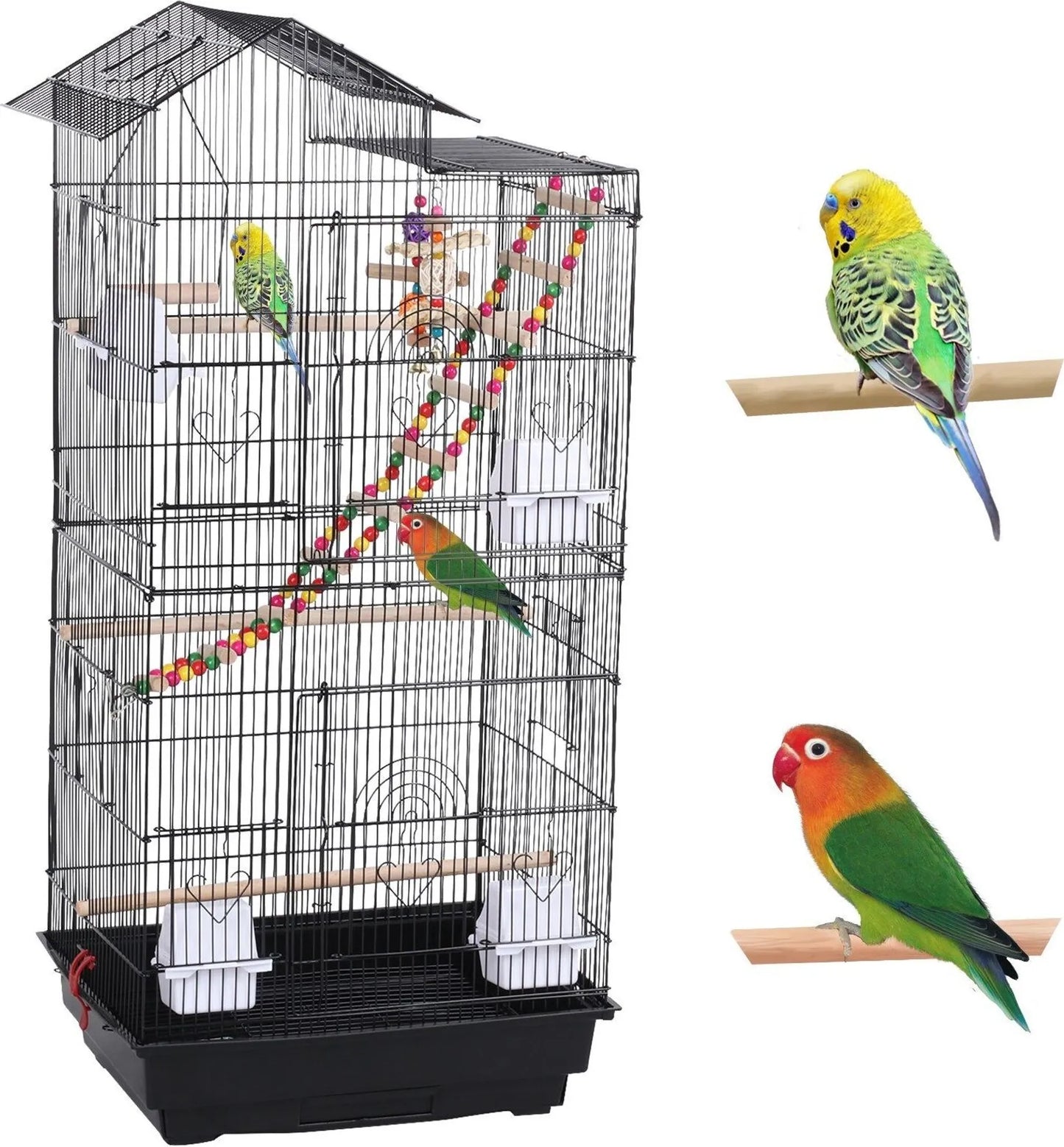 Yaheetech Vogelkäfig mit Spielplatz - 46 x 35,5 x 99 cm - Mit abnehmbarer Bodenplatte und Drahtschlössern und komplettem Zubehörset - Für Sittiche und Kanarienvögel - Schwarzes Metall und Holz