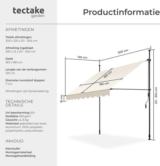 tectake® Klemmmarkise mit Handkurbel – Balkonmarkise ohne Bohren – Höhenverstellbar – UV-beständig – Wasserabweisend – Terrassenüberdachung – Sonnenschutz für Terrasse und Balkon – Breite 200 cm – Beige
