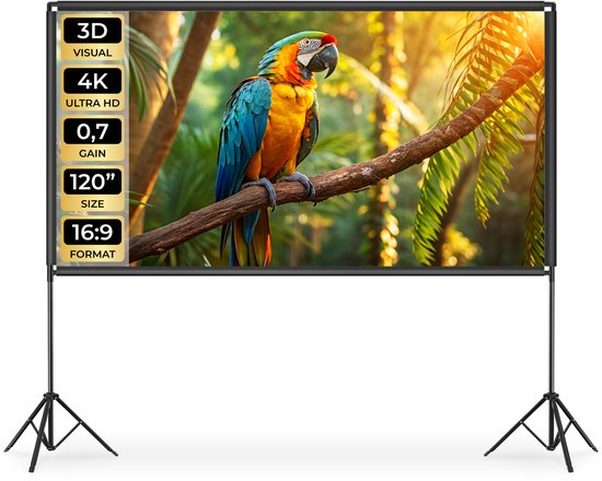 tectake® Beamer Leinwand - 120 Zoll (305 cm) - 16:9 Projektionswand mit Doppelstativ - 4K HD - aufrollbar - ausziehbar - Projektionstuch - Präsentationswand - Heimkino - inklusive Tragetasche