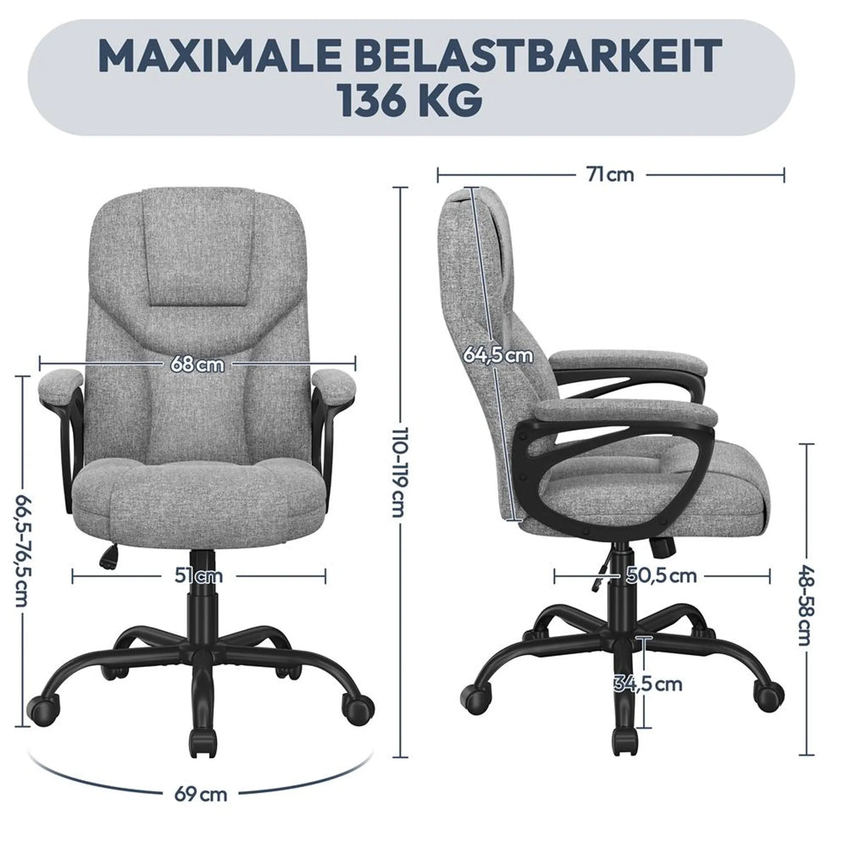 Ergonomischer Bürostuhl mit Armlehnen, um 360° drehbar, höhenverstellbar und mit Wippfunktion, grau