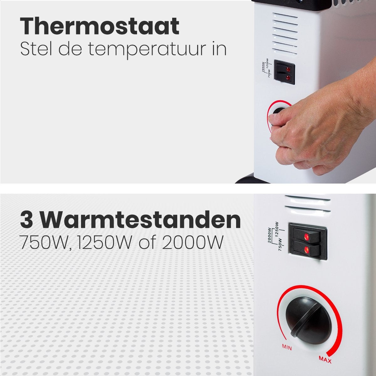 Auronic - Elektrische Konvektorheizung - 750/1250/2000 Watt - Einstellbarer Thermostat - Weiß