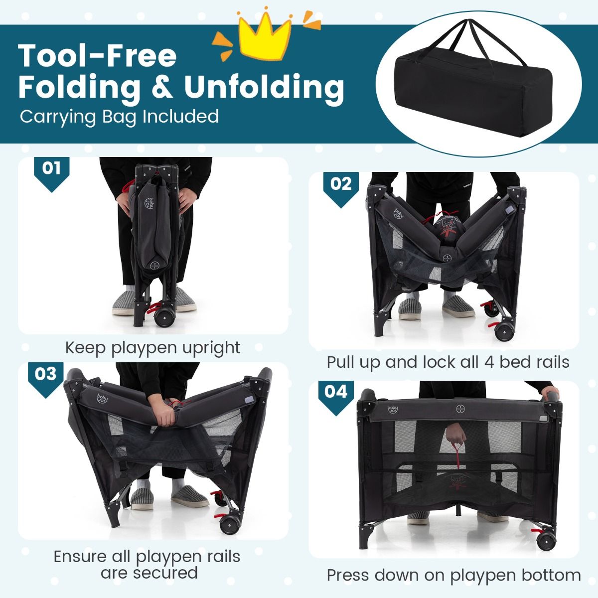 Coast 5-in-1-Babyreisebett mit 4 verstellbaren Höhen, Wickeltisch, Spielzeugstange und Tragetasche – 100 x 70 x 72 cm – Schwarz