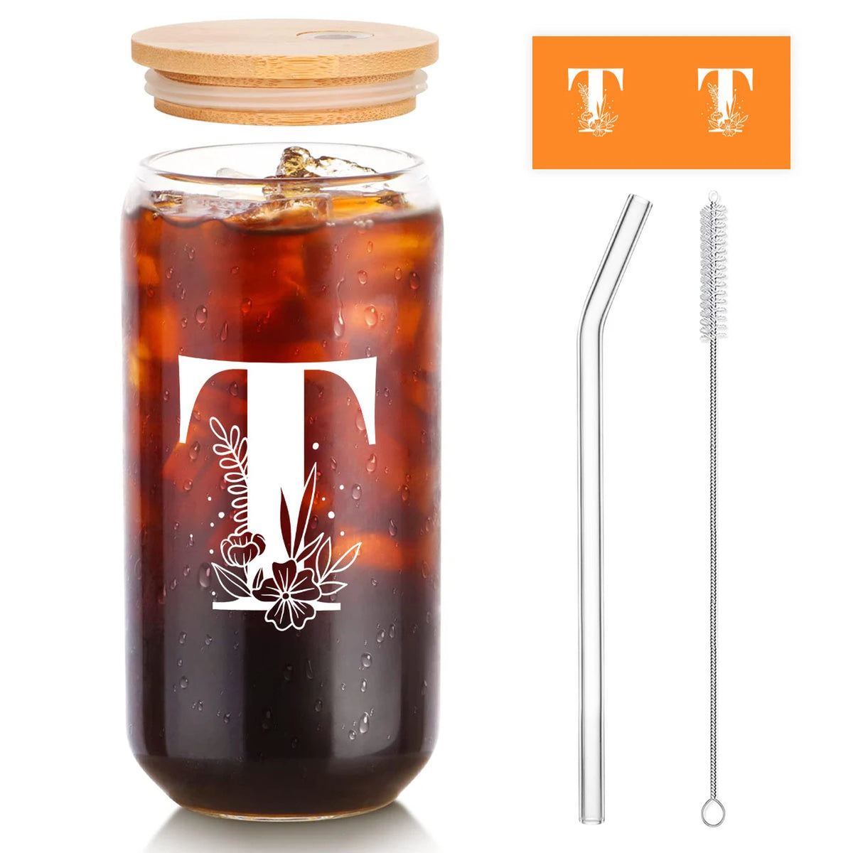 Alphynix Eiskaffee-Glas mit Monogramm T – inklusive Bambusdeckel und Strohhalm