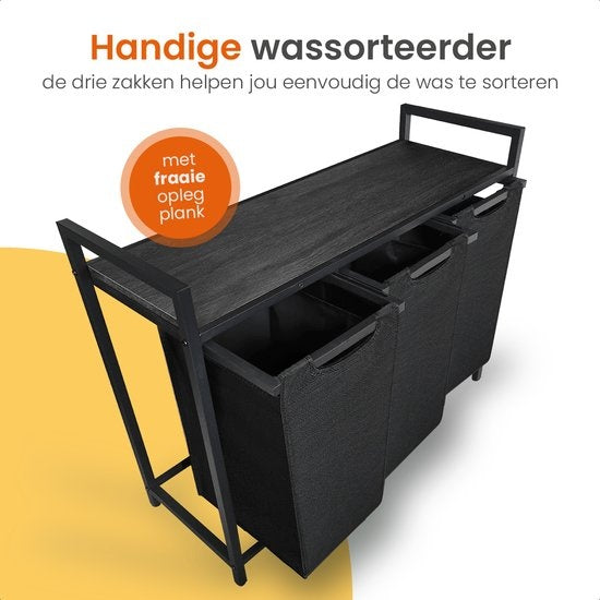 Goliving Wäschesortierer - Wäschekorb mit 3 Fächern - Wäschebox - Oxfort Textil/Metall/Holz - 3 x 38 Liter - 25 x 92,5 x 71 cm - Schwarz