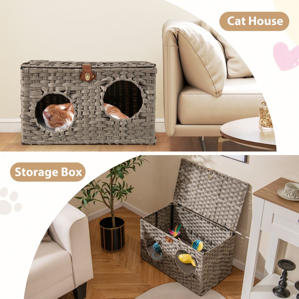 Coast Katzenhaus aus Schilf – zusammenklappbares Katzenbett – abnehmbares Kissen – verschließbarer Deckel – 60 x 35 x 35 cm