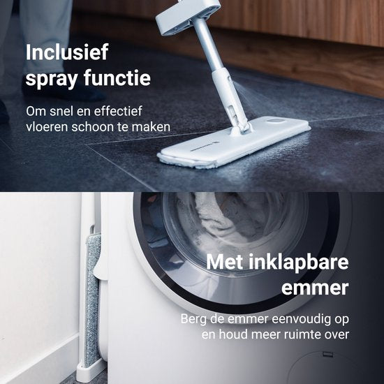Techweise 4-in-1 Wischsystem mit Spray und klappbarem Eimer mit 2 extra Mikrofasermopps - Wischset mit Sprayfunktion - Bodenwischer - Moppmopp - Moppmopp mit Wringer