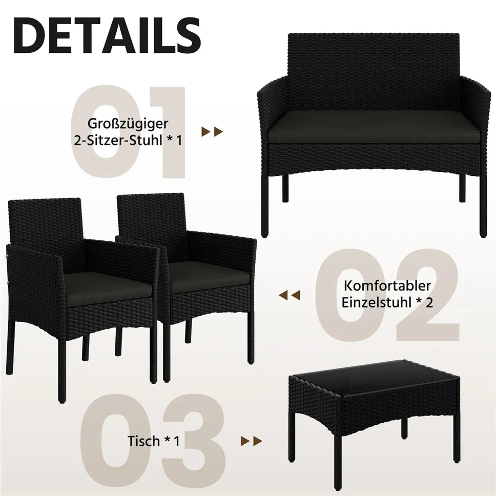 Yaheetech 4-teiliges Lounge-Set für den Garten – Schwarz/Grau – Gartenmöbel-Set aus Polyrattan mit 2-Sitzer-Sofa, 2 Stühlen und Couchtisch