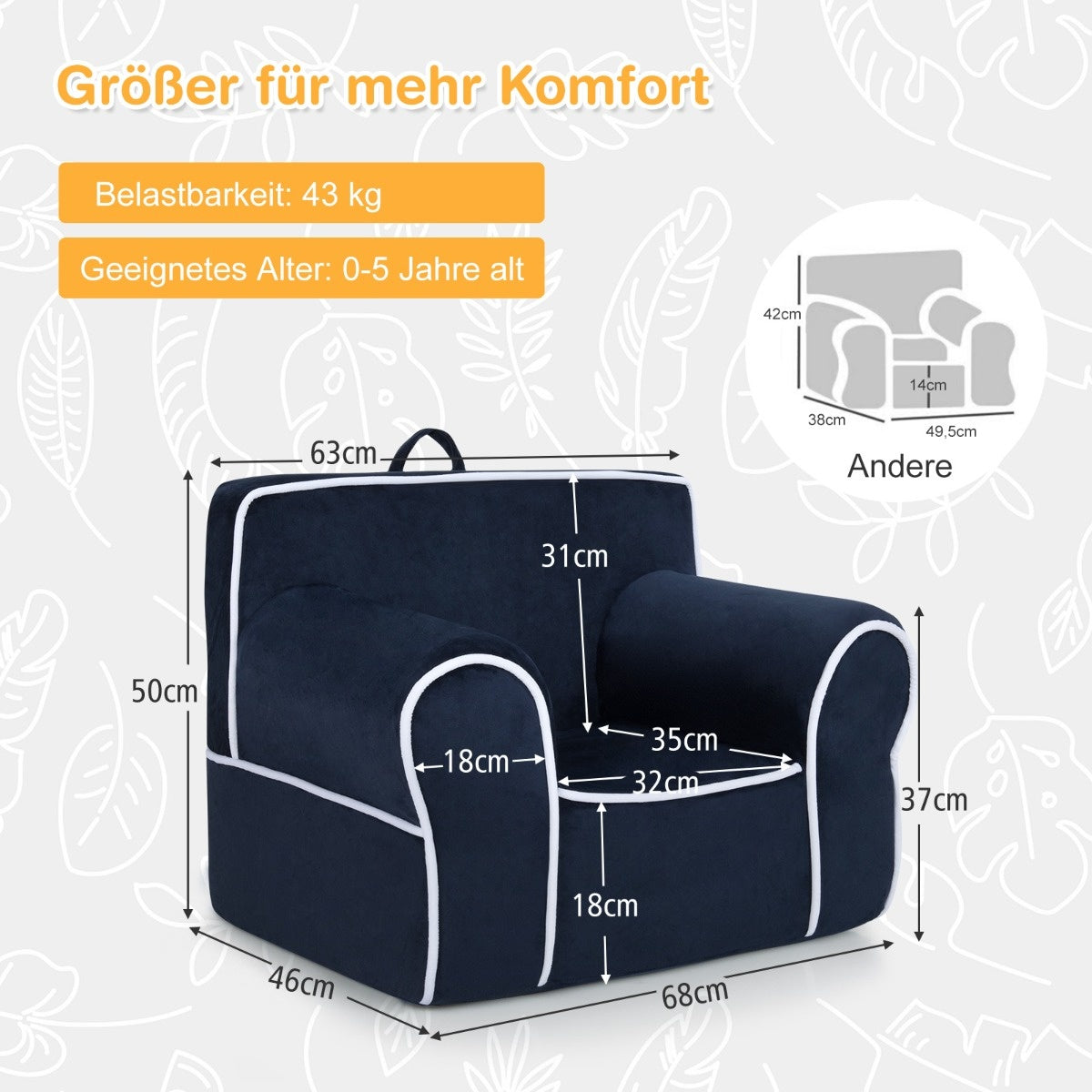 Coast gepolstertes Kindersofa mit Schaumstoffpolsterung und Armlehne und Griff 68 x 46 x 50 cm navy blau