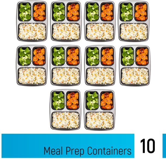 Fitcrafters Meal Prep Trays - Frischhalteschalen - Tiefkühlschalen - 10 Stück - 3 Fächer - 1L - BPA frei