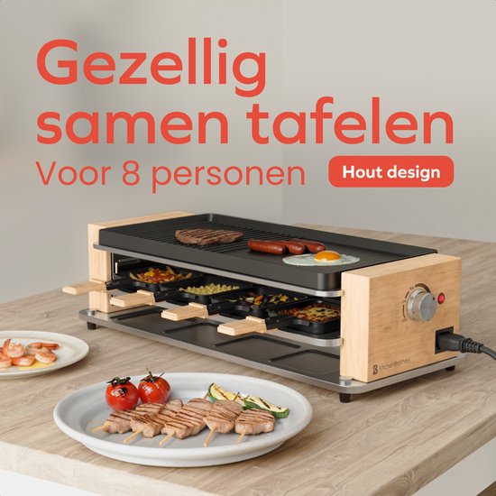 KitchenBrothers Gourmet Set - 950W - Gourmet Teller 8 Personen - Set mit Pfannen und Spateln - 46,5 x 23 cm - Holz/Schwarz