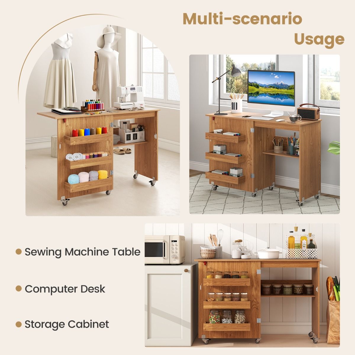 Coast Klappbarer Nähtisch – Mobile Bastelstation mit Ablagegestell – Drei versteckte Aufbewahrungsboxen – Naturfarben – 118,5 x 40 x 79,5 cm