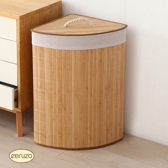 Ceruzo Bambus-Wäschekorb - Eckmodell - 72L - faltbar - Deckel - 35 x 35 x H 60 cm- Natur