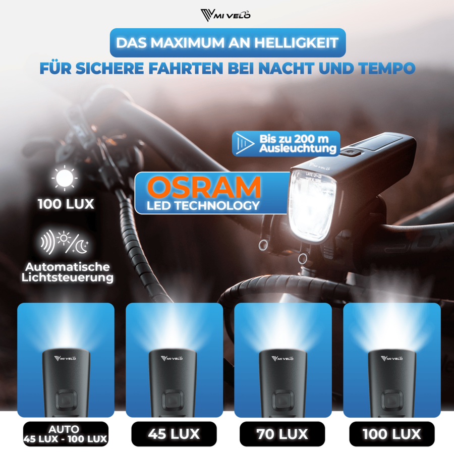 Smart-Ultimate Fahrradlicht-Set - LED - 100 Lux - Bremslicht - USB - Schwarz