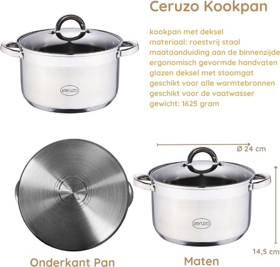 Ceruzo Kochtopf - Edelstahl - Durchmesser 24 cm - H 14,5 cm - 6,3 L - alle Wärmequellen