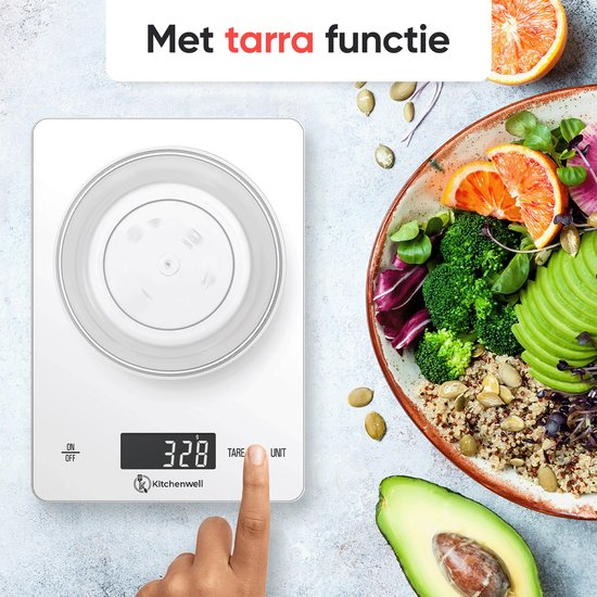 Kitchenwell Digitale Präzisionsküchenwaage - Küchenwaage - 1gr - 15kg - Tara-Funktion - USB wiederaufladbar - Weiß