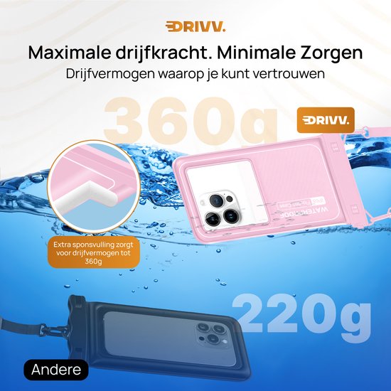 Drivv. Wasserdichte Luxus-Telefonhülle - schwimmend - doppelter Clip-Verschluss - bis zu 6,8 Zoll - Unterwasser-Telefonhülle - Pink