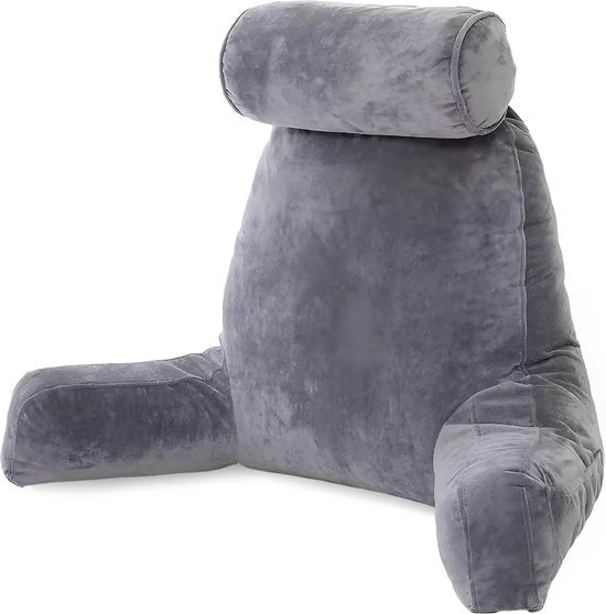 Sleeptight Lesekissen, ergonomisches Rückenkissen – mit abnehmbarem Nackenrollenkissen, praktischem Staufach und formstabiler Schaumstofffüllung – für Bett und Sofa – grauer Stoff – 53 cm lang, 60 cm breit und 40 cm hoch