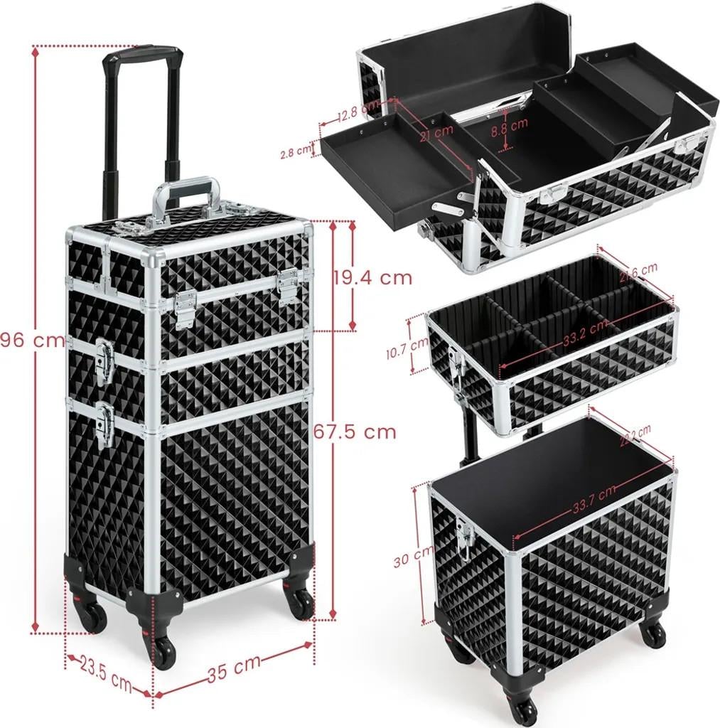 3-in-1-Kosmetik-Trolley auf Rädern mit abnehmbaren Koffern und Teleskopgriff, schwarz
