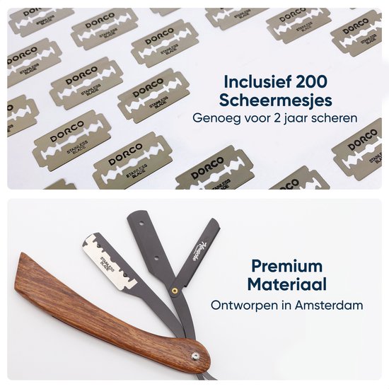 Barbiermesser mit 200 Rasierklingen - Klassisches offenes Rasiermesser - Barbiermesser - Shavette - Gerades Rasiermesser - Klauenmesser - Halsmesser - Barbiermesser