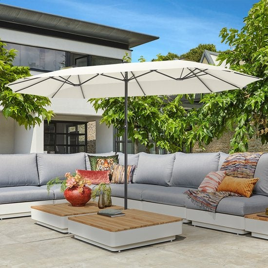 LifeGoods Doppelter Sonnenschirm - 270x460cm - bis zu 15 Personen - Wasserdicht - mit Bezug - Creme