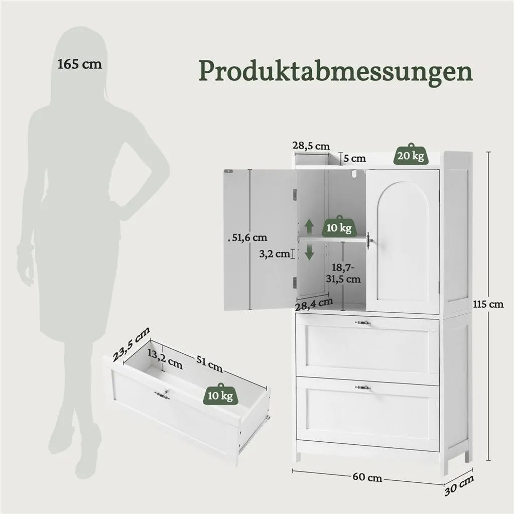 Yaheetech Badezimmerschrank mit 2 Türen und 2 Schubladen, 60 x 30 x 115 cm, Weiß
