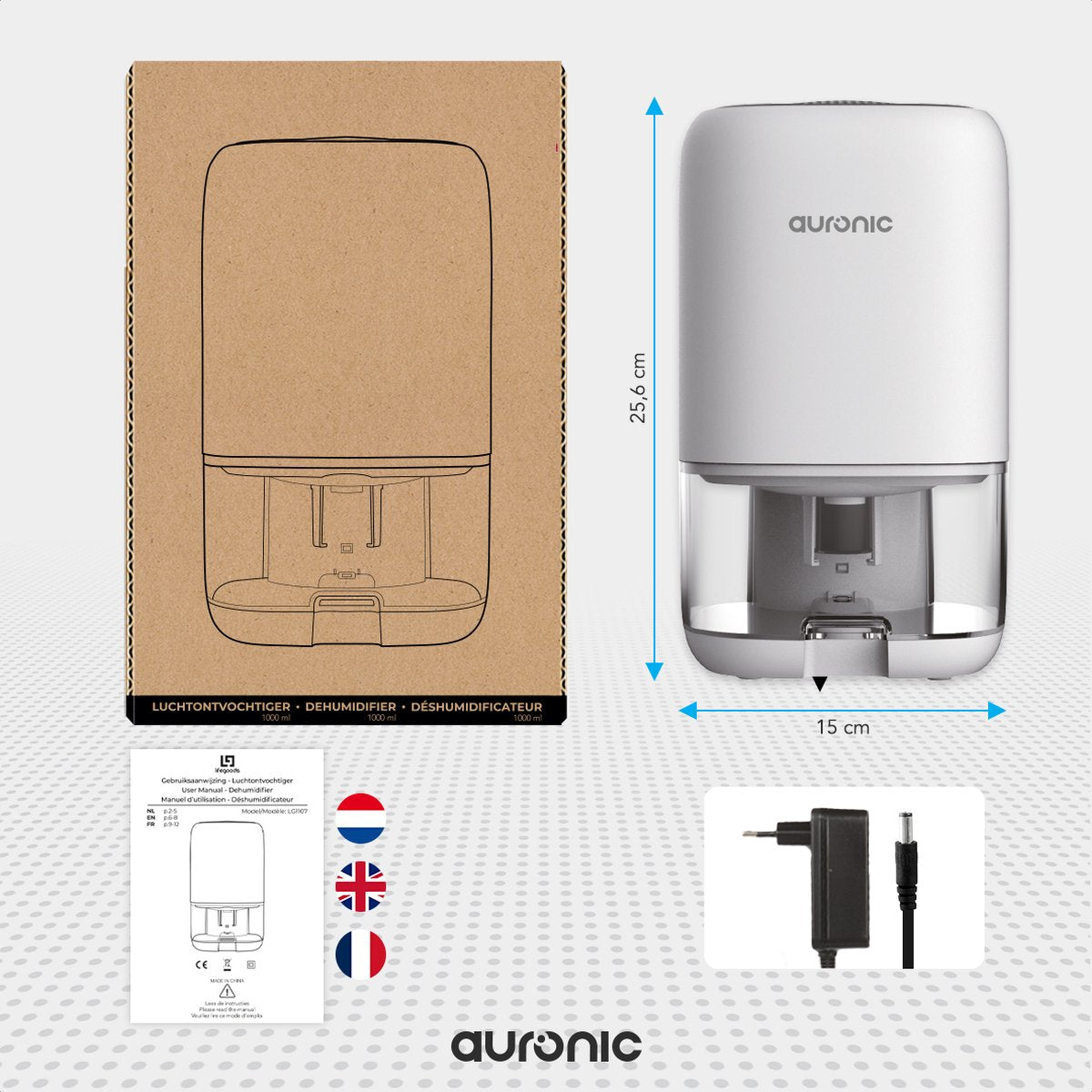 Auronic Luftentfeuchter – 1 l Wassertank, 450 ml pro Tag, 40 W – 25,6 x 15 x 15 cm – Weiß