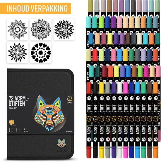 NAPI 72 Acrylmarker Dual Tip - Twinmarker - Malstifte Happy Stones - Steinmalerei mit Acrylmalstiften - Erwachsene und Kinder - Inkl. 5 Mandala-Schablonen