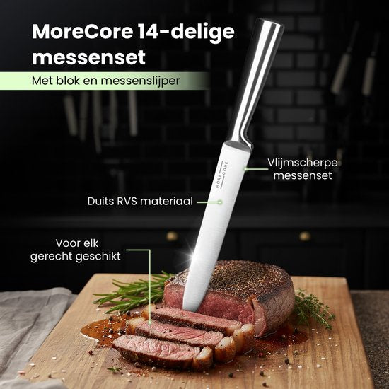 MoreCore Messerset mit Messerblock und Messerschärfer – Messerblock – Küchenmesser – Inklusive Küchenschere – Kochmesser – Kratzfest – Edelstahl – Silberfarben/Schwarz – Vatertagsgeschenk