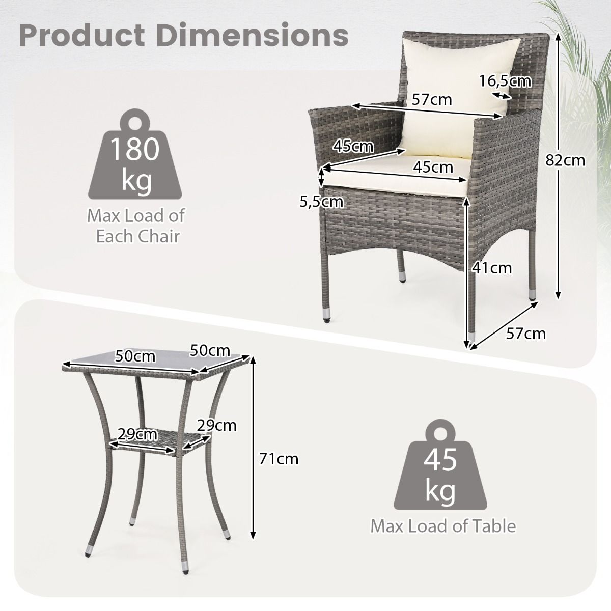 Coast 3-teiliges Gartenset – 2 Rattan-Gartenstühle mit Kissen – Beistelltisch mit gehärtetem Glas – Grautöne