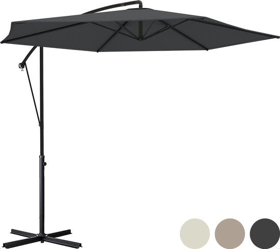 LifeGoods Schwebender Sonnenschirm - Bis zu 8 Personen - ⌀300cm - Wasserdicht - Mit Abdeckung und Kreuzfuß - Garten oder Strand - Dunkelgrau