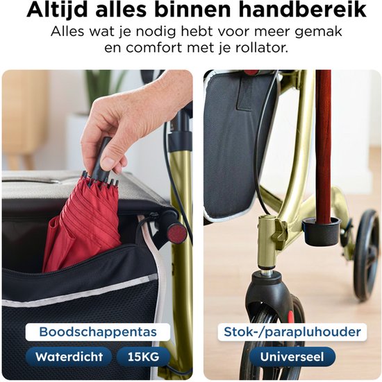 Medzone Rollator leicht und faltbar - Sitzfunktion - für drinnen und draußen - Rückenlehne und Gehstockhalterung - Champagner - Gold