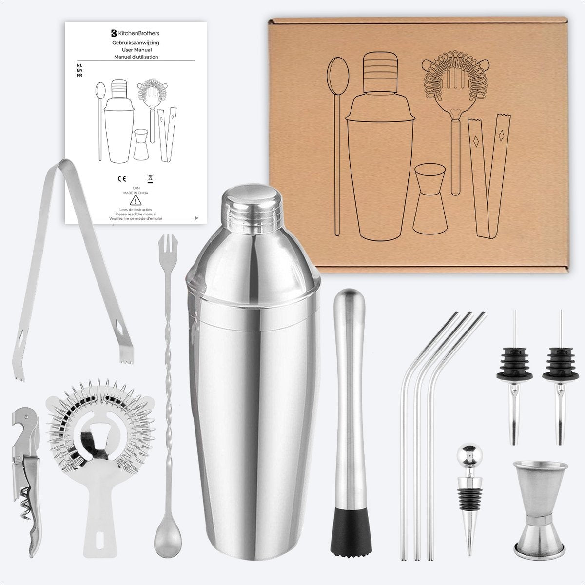 KitchenBrothers Cocktail Set mit Cocktail Shaker - 13 Teile - Komplettset - Geschenkbox - Edelstahl