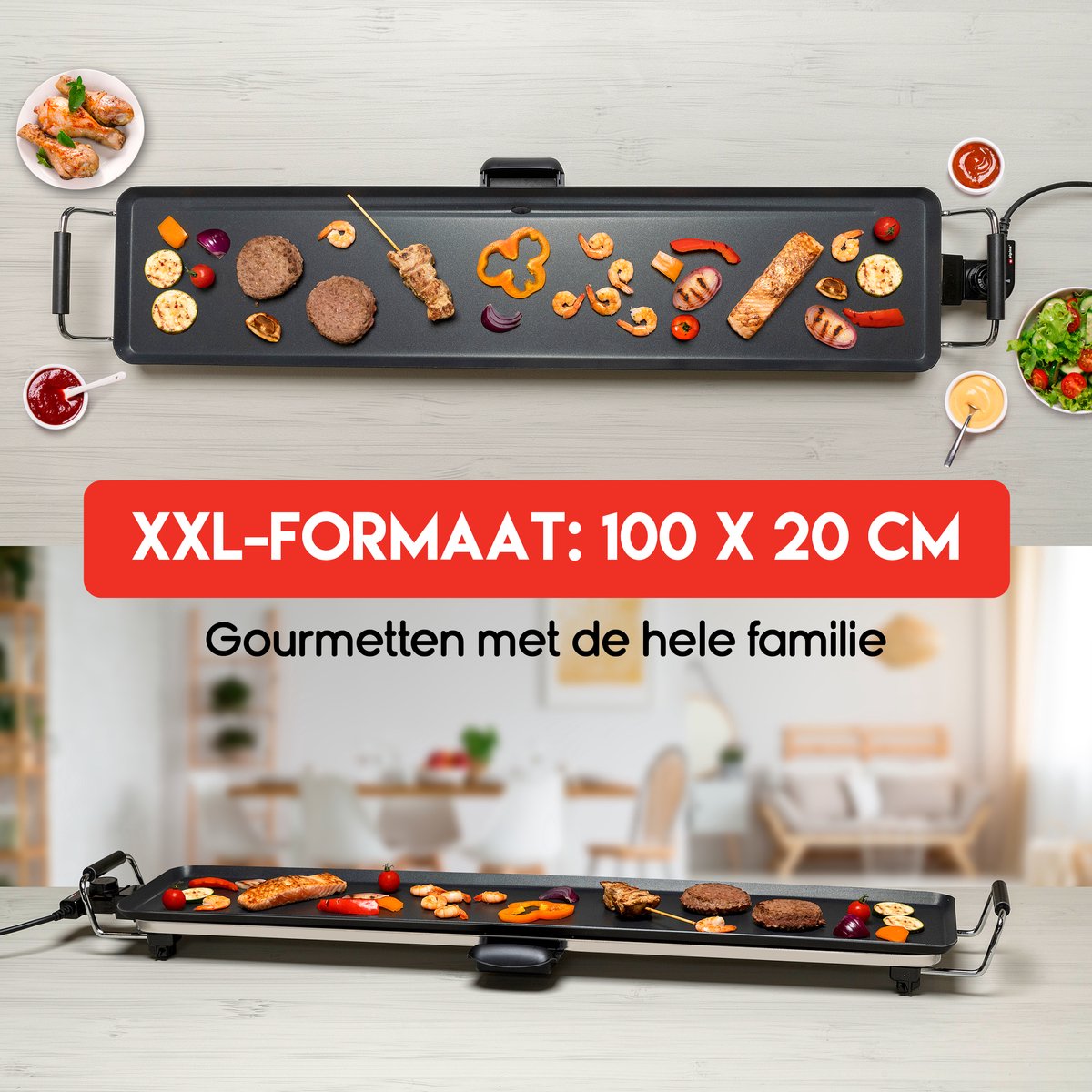 alpina Teppanyaki Griddle XXL - Griddle - 100x20cm - 2000W - Einstellbarer Thermostat - Antihaftbeschichtung - Schwarz
